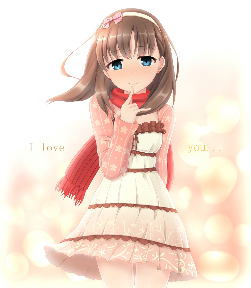 autoarousal blue_eyes blush bow brown_hair chaostein dress english finger_to_mouth hair_bow hairband highres idolmaster idolmaster_cinderella_girls long_sleeves pussy_juice pussy_juice_trail sakuma_mayu scarf short_hair smile solo when_you_see_it
