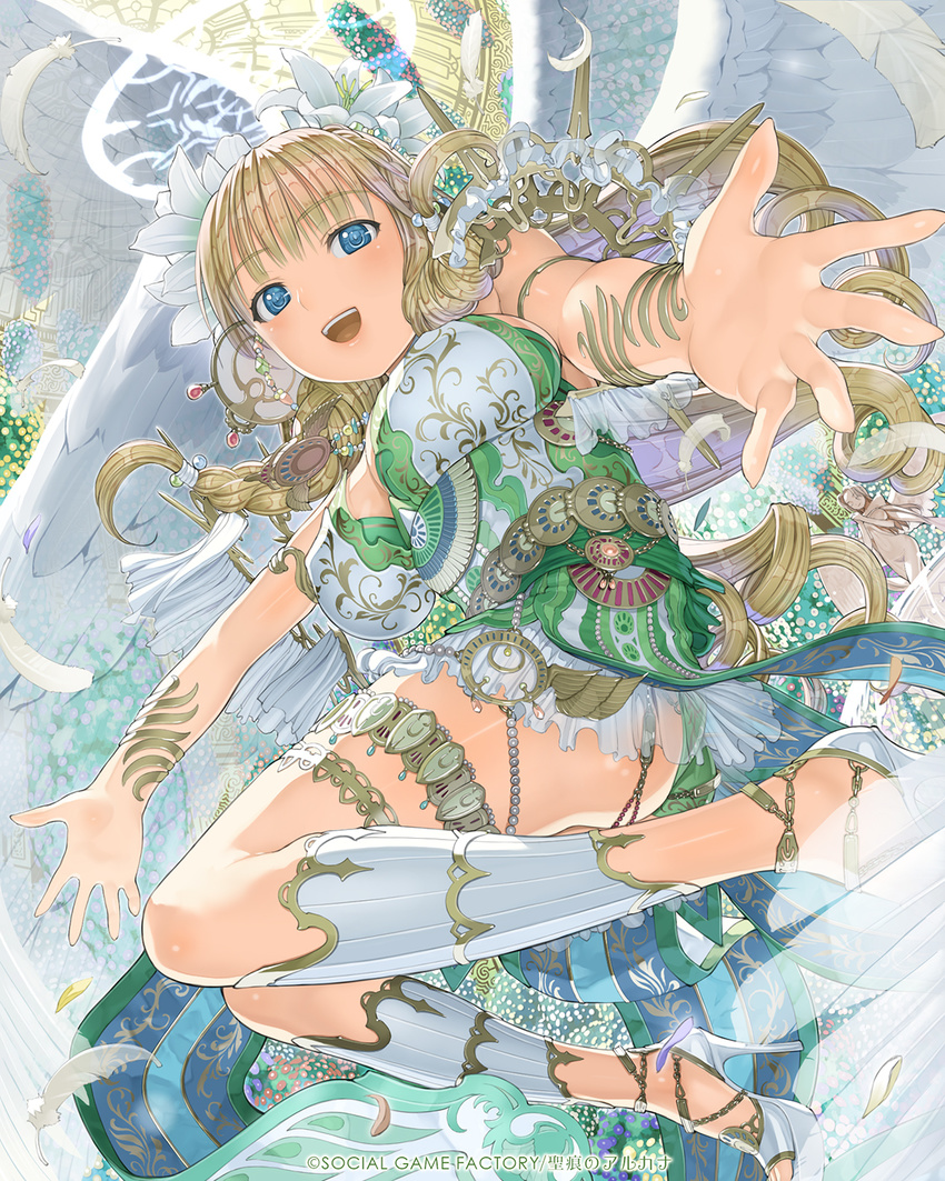 :d armor bad_id bad_pixiv_id bangs blonde_hair blue_hair blunt_bangs blurry breasts cleavage dome dress floating_hair green_dress halo highres large_breasts legs looking_at_viewer nakabayashi_reimei open_mouth outstretched_arms pov seikon_no_arcana smile thigh_strap wavy_hair wings