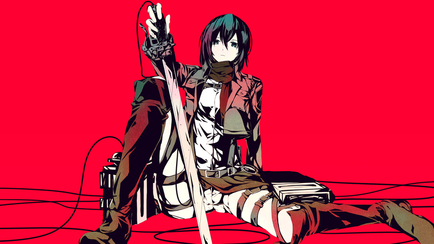 belt boots buckle highres jacket long_sleeves md5_mismatch meola mikasa_ackerman pants paradis_military_uniform partially_colored red_background scarf shingeki_no_kyojin short_hair sitting solo sword thigh_strap three-dimensional_maneuver_gear weapon