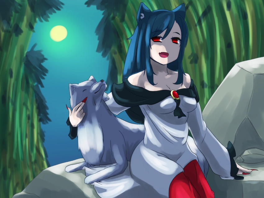 animal_ears bamboo bamboo_forest bare_shoulders black_hair breasts brooch byakko310 cleavage dress fang fingernails forest imaizumi_kagerou jewelry long_hair moon nature open_mouth red_eyes sitting touhou wolf wolf_ears