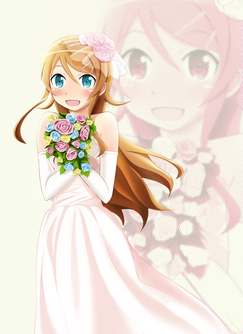 :d bare_shoulders blue_eyes blush bouquet brown_hair dress elbow_gloves fang flower gloves halftone highres kousaka_kirino long_hair open_mouth ore_no_imouto_ga_konna_ni_kawaii_wake_ga_nai smile solo spoilers tebi_(tbd11) wedding_dress zoom_layer