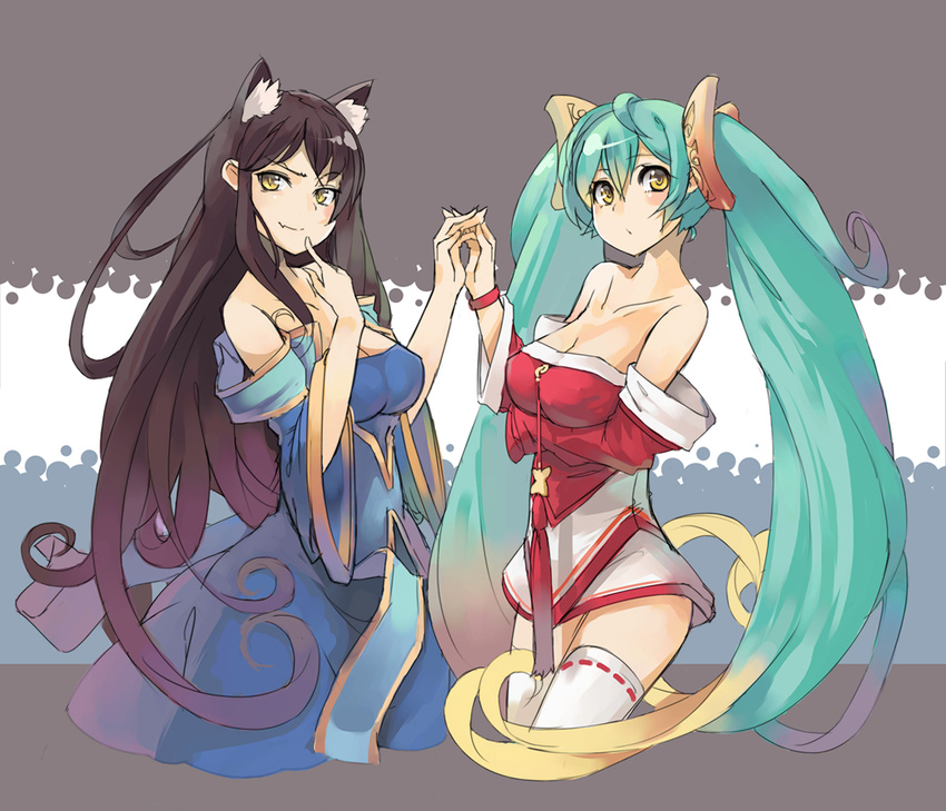 :o ahri ahri_(cosplay) animal_ears bare_shoulders blonde_hair blue_hair blush breasts brown_hair cleavage cosplay costume_switch detached_sleeves fang fox_ears gradient_hair large_breasts league_of_legends long_hair multicolored_hair multiple_girls nellen purple_hair smile sona_buvelle sona_buvelle_(cosplay) thighhighs twintails very_long_hair white_legwear yellow_eyes
