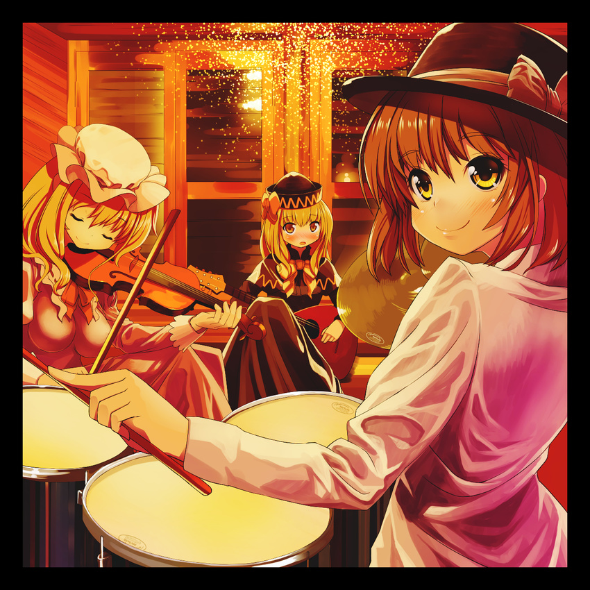 atori bad_id bad_pixiv_id blonde_hair blush border bow brown_hair closed_eyes drum drum_set drumsticks hat hat_bow highres instrument lily_black lily_white long_hair maribel_hearn multiple_girls smile touhou usami_renko violin yellow_eyes