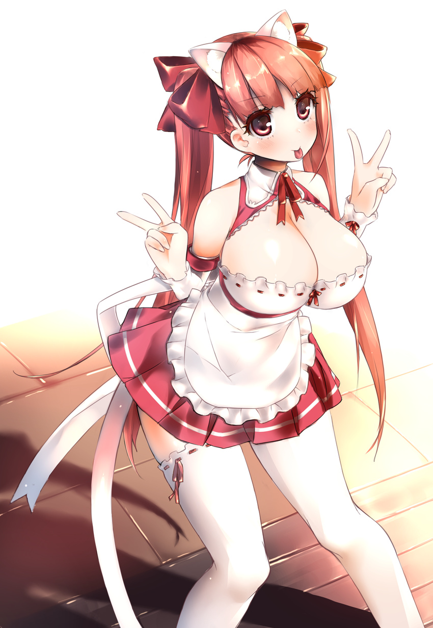 :p absurdres animal_ears bare_shoulders borrowed_character breasts brown_eyes cat_ears cleavage highres huatu_jiang large_breasts long_hair maid original red_hair ribbon solo srco thigh_ribbon thighhighs tongue tongue_out very_long_hair white_legwear
