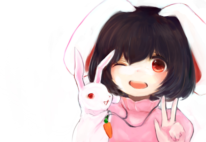 animal_ears bad_id bad_pixiv_id black_hair bunny bunny_ears carrot carrot_necklace dress hand_puppet highres inaba_tewi jewelry maccha_cocoa_(mococo) necklace one_eye_closed open_mouth pendant pink_dress puppet red_eyes short_hair smile solo touhou turtleneck upper_body v