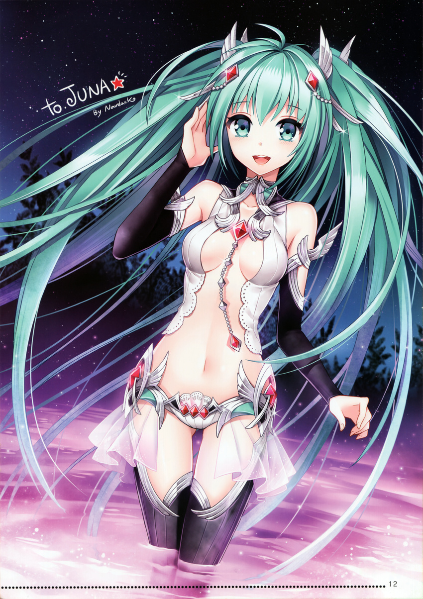 absurdres alternate_costume aqua_eyes aqua_hair bare_shoulders black_legwear blush breasts center_opening cleavage collarbone elbow_gloves gem gloves hair_ornament hatsune_miku hatsune_miku_(append) highres huge_filesize long_hair medium_breasts nardack navel open_mouth sky smile solo star_(sky) starry_sky thigh_gap thighhighs twintails very_long_hair vocaloid vocaloid_append wading