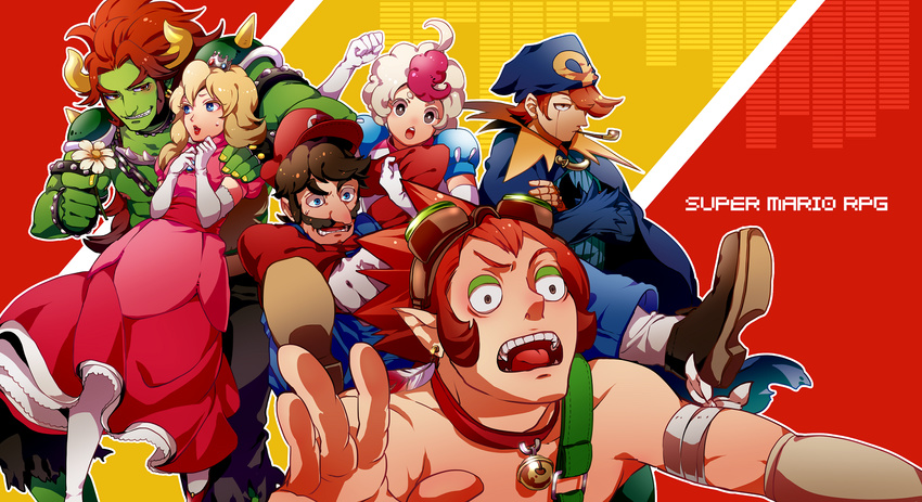 5boys bell blonde_hair bowser bowyer brown_hair collar crossed_arms daisy doll_joints dress elbow_gloves flower geno_(mario) gloves grin hat highres jingle_bell mallow_(mario) mario mario_(series) multicolored_hair multiple_boys open_mouth otani_(gloria) personification pipe princess_peach red_hair sharp_teeth smile super_mario_bros. super_mario_rpg teeth two-tone_hair white_hair