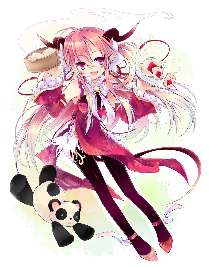 ahoge bamboo_steamer baozi bare_shoulders blush china_dress chinese_clothes cup demon_girl demon_tail detached_sleeves dress fang food gradient_hair hair_ornament highres horns leeannpippisum long_hair multicolored_hair open_mouth original panda pantyhose pink_eyes pink_hair pointy_ears red_footwear shoes silver_hair smile solo tail tea_set teacup teapot tray very_long_hair