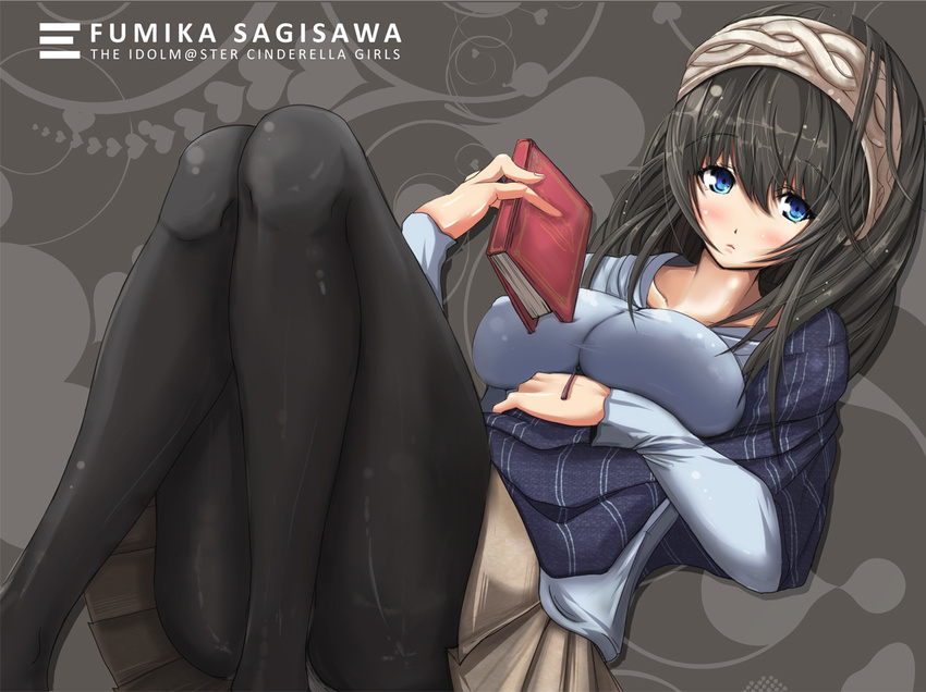 black_hair blue_eyes blush book breasts character_name collarbone hairband heart idolmaster idolmaster_cinderella_girls jewelry large_breasts long_hair lying on_back origin_(fefnir_nightload) panties panties_under_pantyhose pantyhose parted_lips pendant sagisawa_fumika shawl shirt solo taut_clothes taut_shirt underwear