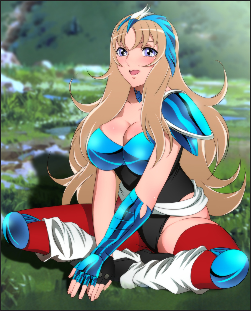 1girl aquila_marin aquila_yuna armor blonde_hair blush breasts cleavage cosplay fingerless_gloves gloves grass highres hips large_breasts legs long_hair looking_at_viewer open_mouth saint_seiya saint_seiya_omega shadow sitting smile solo thighs wavy_hair white_eyes yadokari_genpachirou