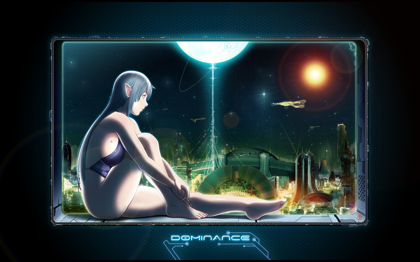armpits back bangs bare_shoulders barefoot bottomless breast_press breasts building cityscape copyright_name crop_top dominance earrings feet from_side glowing grey_hair halter_top halterneck hands_together highres iriza_(dominance) jewelry knee_to_chest large_breasts leg_hug legs lens_flare long_hair looking_afar night night_sky official_art pointy_ears profile science_fiction sei_shoujo sideboob sidelocks signature sitting sky skyscraper sleeveless soles solo space_craft star star_(sky) starry_sky tattoo thick_thighs thighs wallpaper widescreen window windowsill