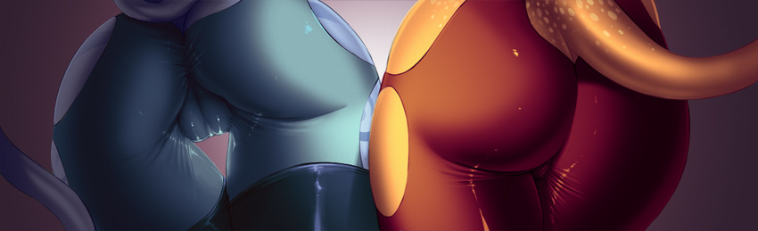 2girls ass blue_skin cameltoe close-up fat_mons from_behind hizzacked huge_ass impossible_clothes latex monster_girl multiple_girls original perspective pussy shiny shiny_skin skin_tight standing tail thigh_gap wide_hips