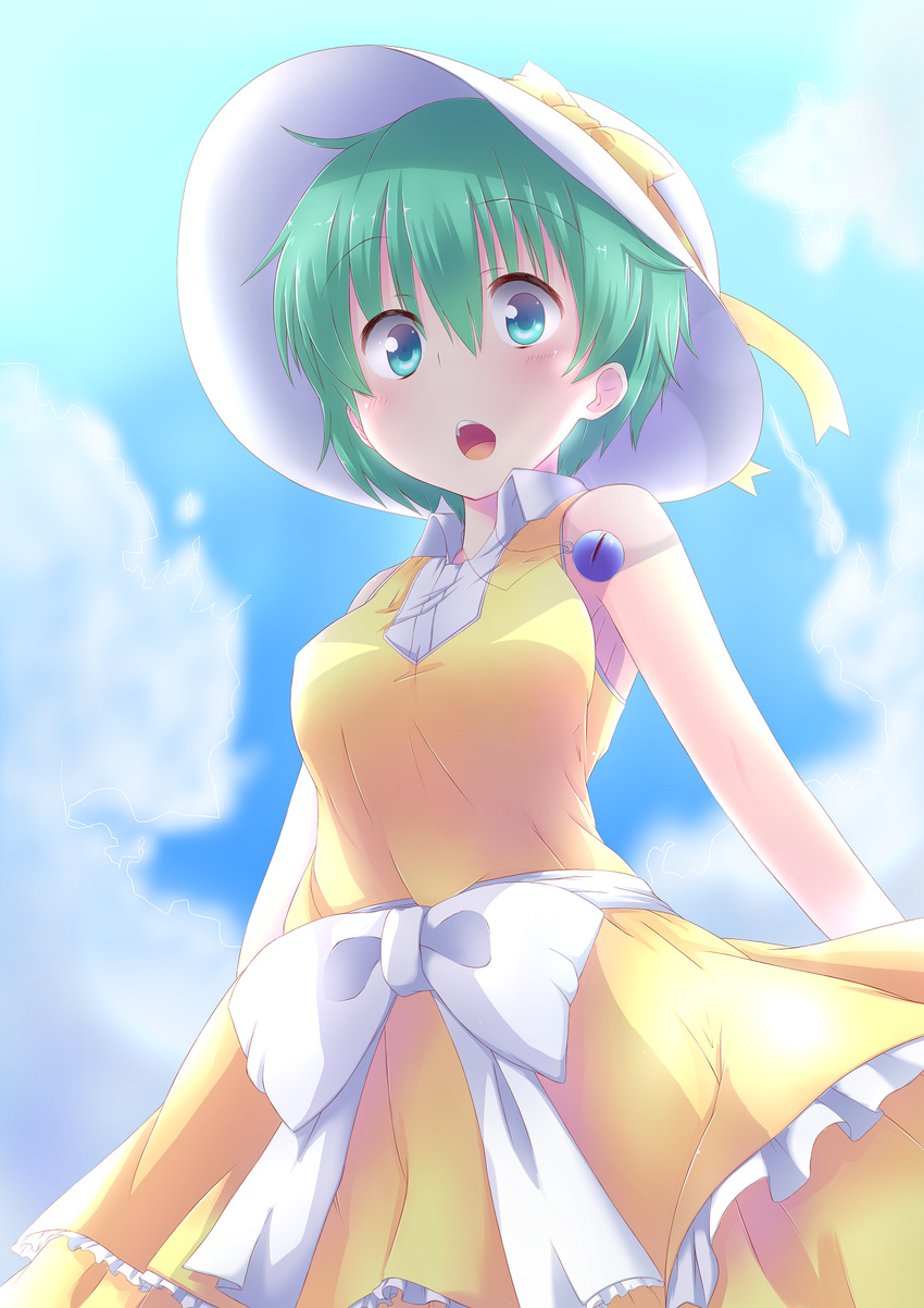 alternate_costume bare_shoulders blue_eyes bow contemporary dress green_hair hat hat_bow highres jewelry komeiji_koishi necklace open_mouth short_hair solo spirytus_tarou touhou