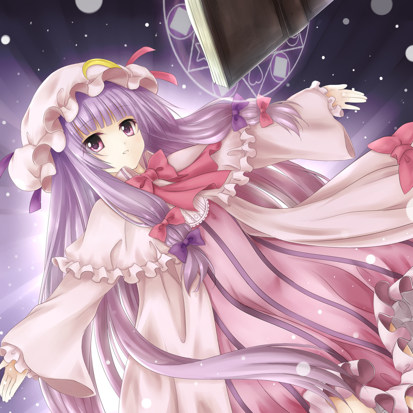 af-henrytz bad_id bad_pixiv_id book bow capelet coat colorized crescent dress hair_ribbon hat highres light_particles long_hair long_sleeves looking_at_viewer magic_circle open_clothes open_coat outstretched_arms patchouli_knowledge purple_dress purple_eyes purple_hair ribbon solo striped striped_dress touhou tress_ribbon very_long_hair wide_sleeves