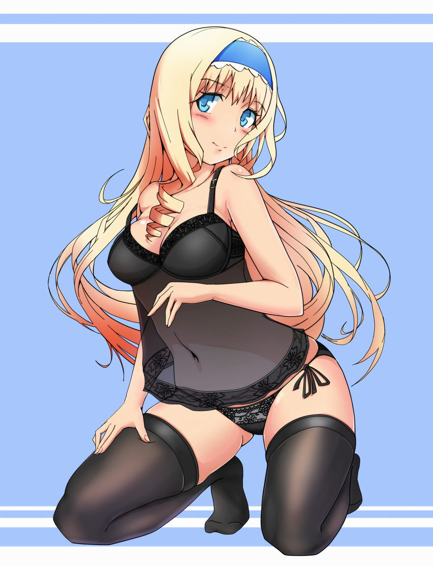 babydoll black_bra black_legwear black_panties blonde_hair blue_eyes blue_hairband blush bra cecilia_alcott drill_hair hairband hand_on_thigh headdress highres infinite_stratos kneeling koma_(wsgtt1300) lingerie long_hair looking_at_viewer panties see-through side-tie_panties skindentation smile solo thighhighs underwear underwear_only