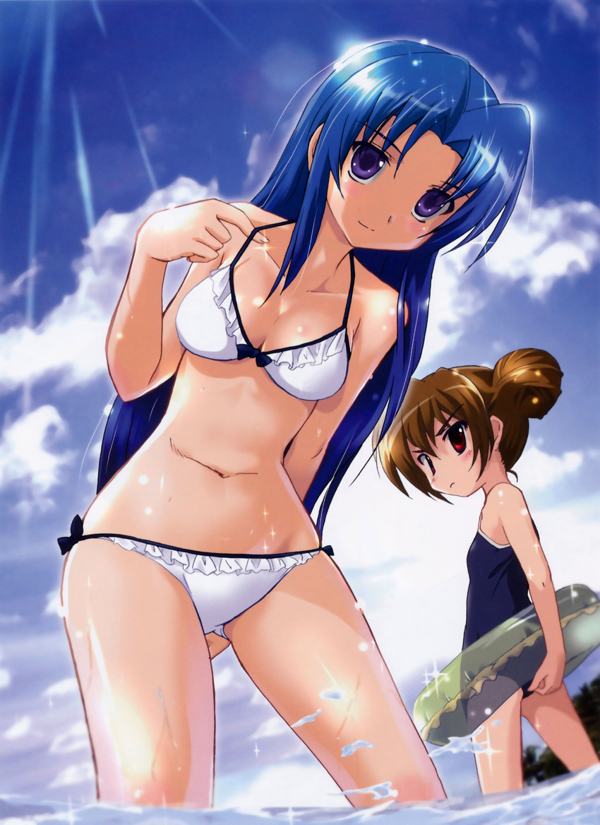 absurdres aisaka_taiga arm_behind_back bikini blue_hair breasts brown_hair cleavage cloud competition_school_swimsuit day double_bun flat_chest highres innertube kawashima_ami komatsu_eiji long_hair multiple_girls navel ocean one-piece_swimsuit outdoors purple_eyes red_eyes scan school_swimsuit short_hair sky swimsuit toradora! wading water wet white_bikini