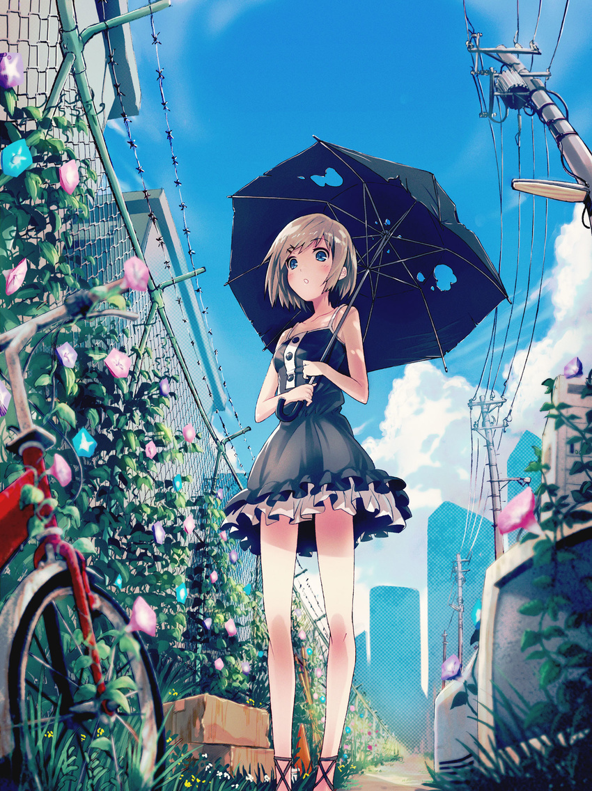 40hara :o barbed_wire bare_legs bare_shoulders bicycle black_dress blue_eyes blue_sky blurry blush breasts broken_umbrella brown_hair chain-link_fence cloud day depth_of_field dress fence flower from_below from_ground grass ground_vehicle hair_ornament hairclip highres lamppost looking_down morning_glory original outdoors overgrown plant power_lines short_dress short_hair sky small_breasts solo standing telephone_pole television torn_umbrella transformer umbrella vanishing_point vines