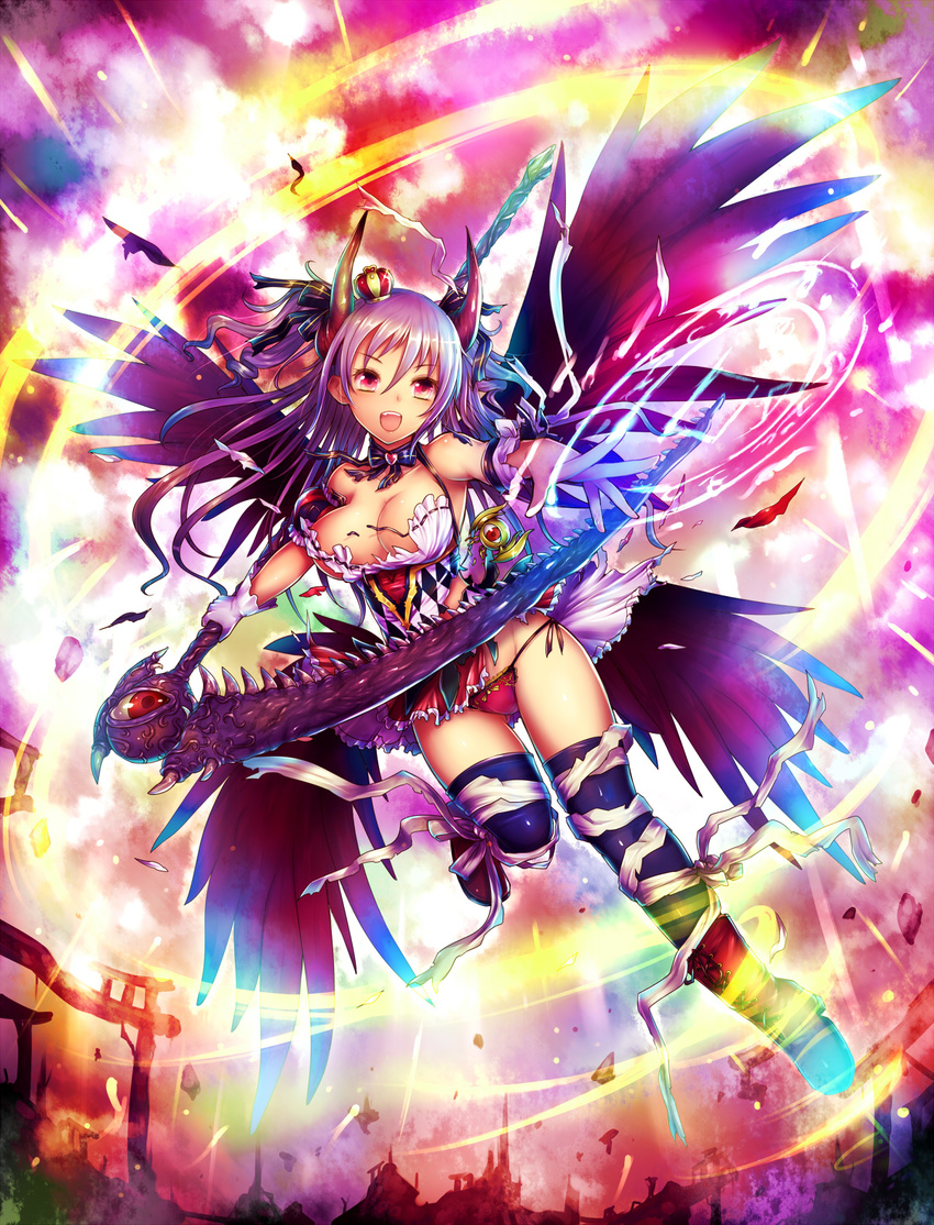 argyle black_wings bow breasts cleavage collarbone crown drill_hair eyes gloves groin hair_ornament hair_ribbon highres horns idolmaster idolmaster_cinderella_girls kanzaki_ranko kara_(color) large_breasts long_hair mini_crown open_mouth panties pink_eyes purple_hair ribbon scythe silver_hair solo twintails underwear wings