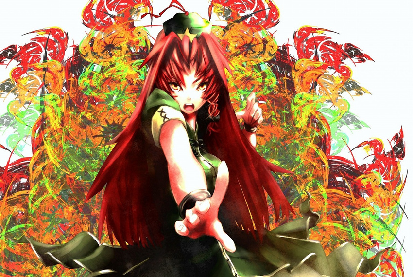 alternate_hairstyle alternate_headwear bad_id bad_pixiv_id bow bracelet braid breasts fighting_stance foreshortening hair_bow hat high_collar hong_meiling index_finger_raised jewelry long_hair looking_at_viewer medium_breasts multicolored multicolored_background okakingyo open_mouth outstretched_arm red_hair short_sleeves single_braid skirt solo star touhou very_long_hair vest yellow_eyes