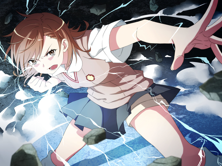 akami_fumio bad_id bad_pixiv_id biribiri brown_eyes brown_hair electricity highres misaka_mikoto rock school_uniform short_hair shorts to_aru_kagaku_no_railgun to_aru_majutsu_no_index