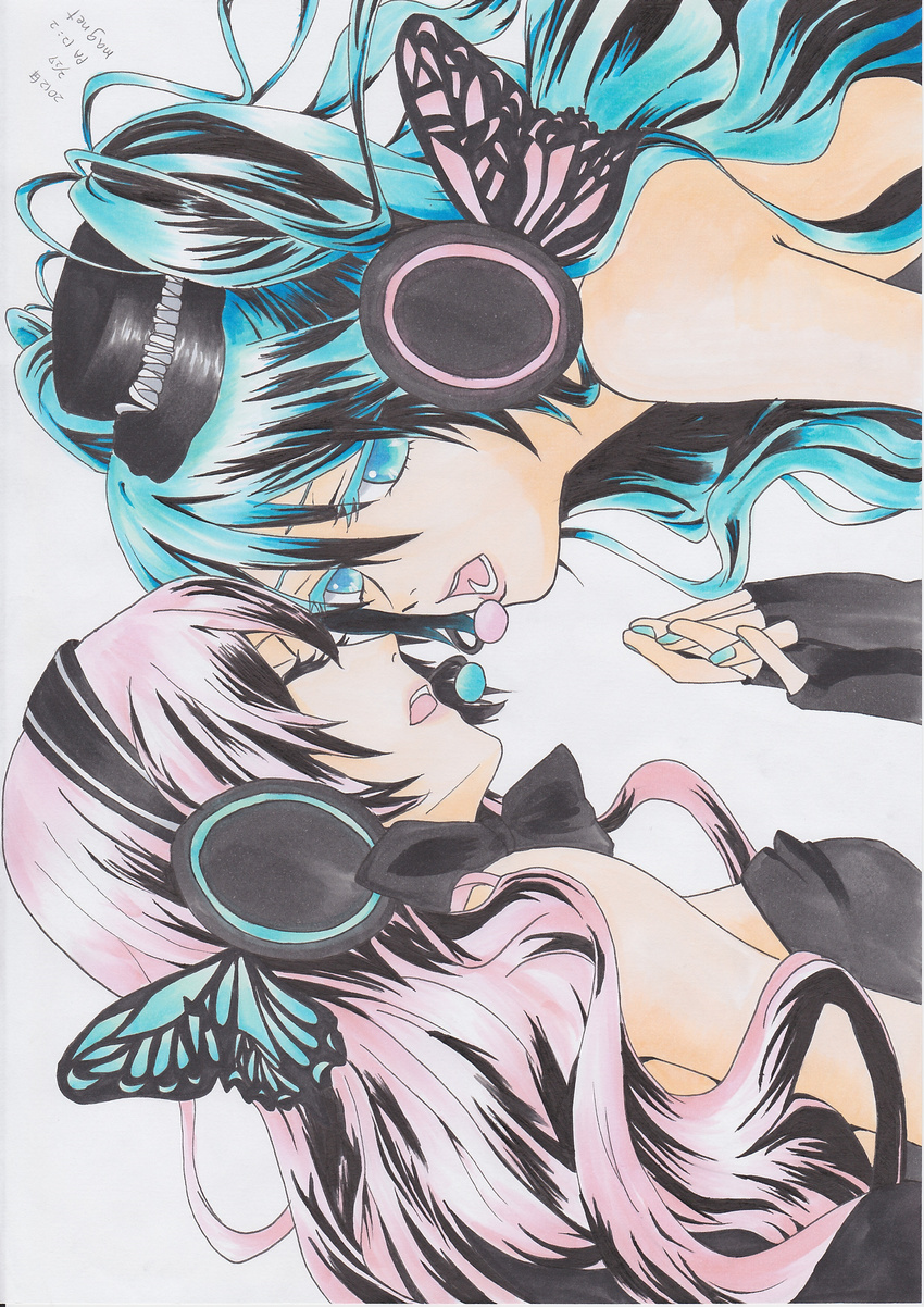 absurdres aqua_hair bad_id bad_pixiv_id blue_eyes butterfly_wings closed_eyes colored_eyelashes hat hatsune_miku headphones highres hinamiya_(60hinamiya01) holding_hands long_hair magnet_(vocaloid) marker_(medium) megurine_luka multiple_girls pink_hair traditional_media vocaloid wings