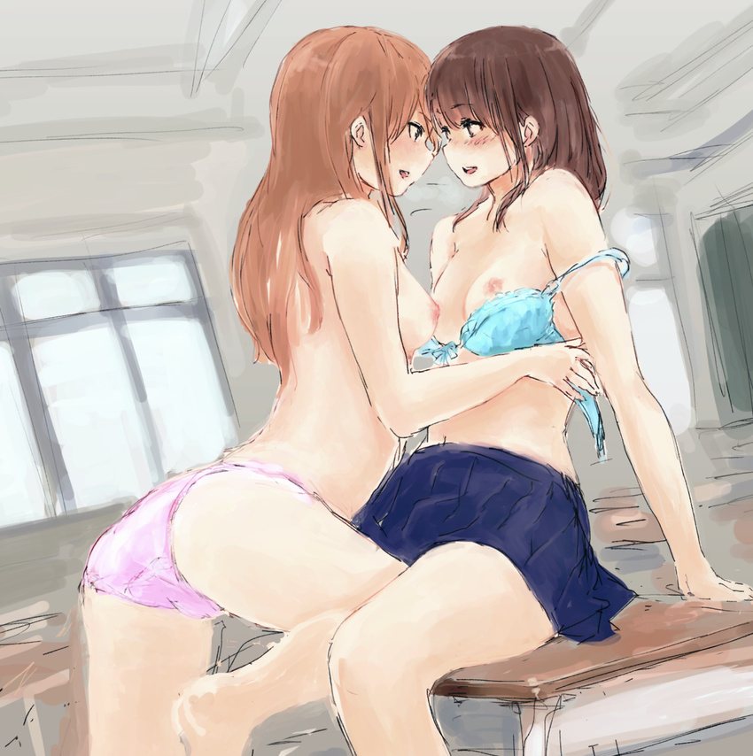 arched_back arm_support ass bad_id bad_pixiv_id barefoot between_thighs blush bra bra_pull breasts brown_hair classroom couple desk face-to-face from_behind highres leg_up long_hair looking_at_another medium_breasts multiple_girls navel nipples on_desk open_mouth original panties pink_panties profile school_desk sitting small_breasts syou_(endemic_species) topless underwear underwear_only undressing yuri