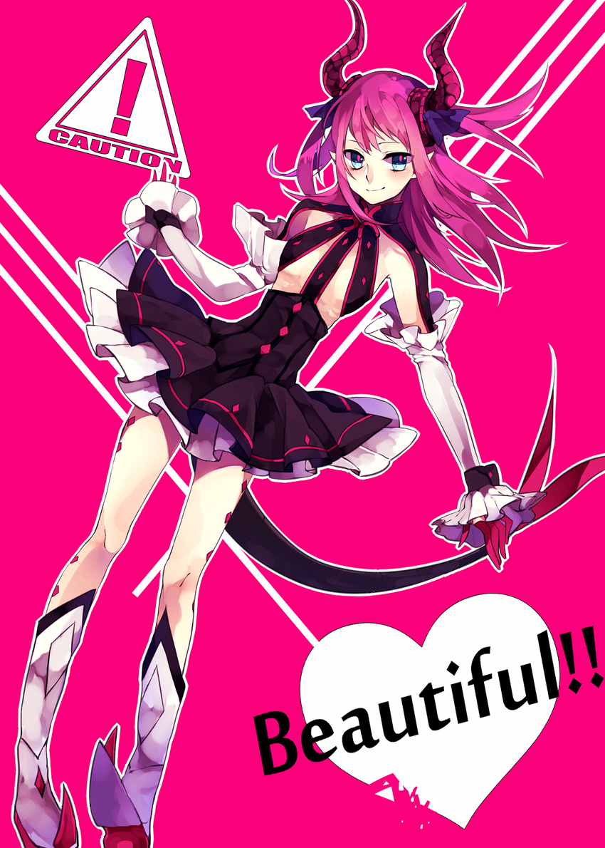 blue_eyes claws detached_sleeves dress elizabeth_bathory_(fate) elizabeth_bathory_(fate)_(all) fate/extra fate/extra_ccc fate_(series) highres horns long_hair pink_hair pointy_ears pointy_shoes shoes solo tail two_side_up u_928
