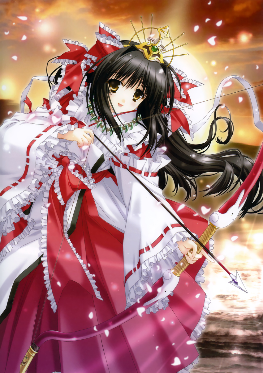 :d absurdres arrow black_hair bow_(weapon) brown_eyes crown dress hair_ornament highres huge_filesize japanese_clothes jewelry kimizuka_aoi long_hair magatama miko necklace nontraditional_miko open_mouth original petals ribbon-trimmed_sleeves ribbon_trim scan smile solo sun weapon