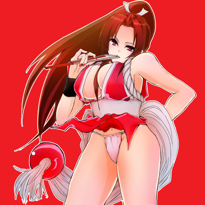 1girl breasts brown_hair fan fatal_fury highres large_breasts ponytail shiranui_mai simple_background solo