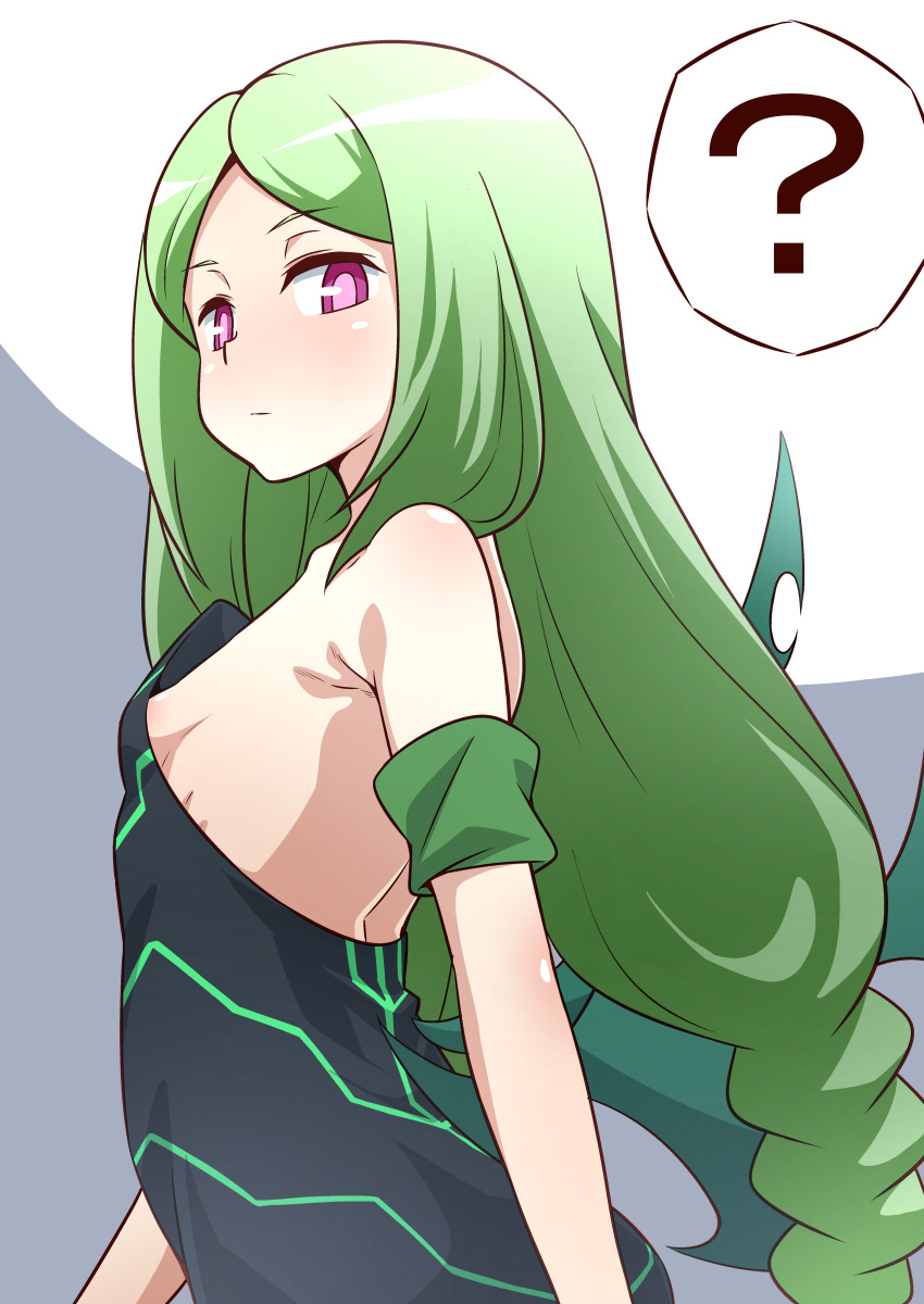 1girl ? bare_shoulders battle_spirits breasts expressionless green_hair light_blush long_hair looking_at_viewer momose_kajitsu no_bra pink_eyes sideboob small_breasts solo standing tokomaya_keita