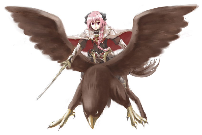 armor astolfo_(fate) braid cape fate/apocrypha fate_(series) gauntlets hippogriff male_focus open_mouth pink_eyes pink_hair riding single_braid smile sword weapon wings wizs
