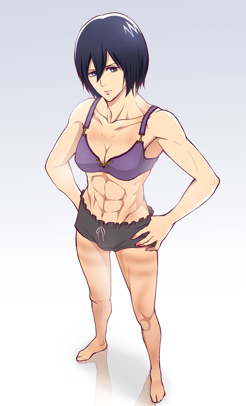 abs absurdres anjii_(&amp;g) armpits bad_id bad_pixiv_id bare_legs bare_shoulders barefoot black_hair bra collarbone hands_on_hips highres looking_at_viewer mikasa_ackerman muscle purple_bra shingeki_no_kyojin short_hair solo standing stomach toes underwear underwear_only