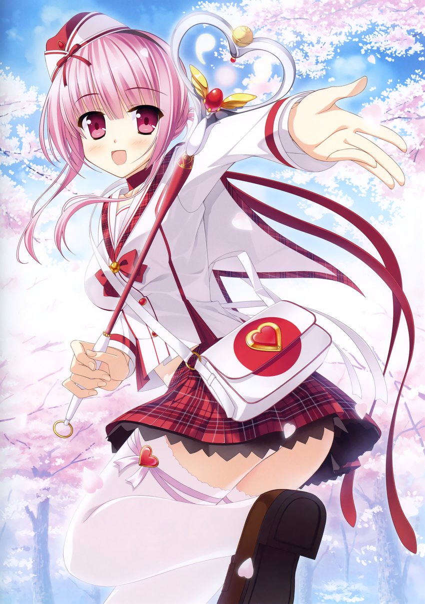 :d absurdres ass bag cherry_blossoms copyright_request from_behind handbag highres huge_filesize loafers looking_at_viewer open_mouth pink_eyes pink_hair school_uniform shirt shoes shoulder_bag smile solo staff thighhighs thighs white_legwear white_shirt yamakaze_ran zettai_ryouiki