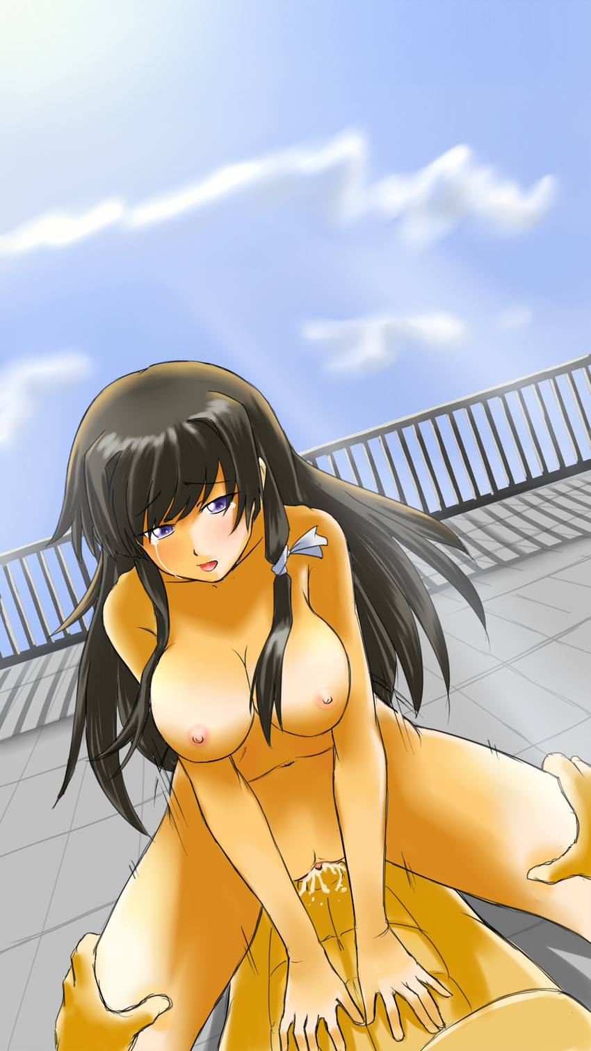 1boy 1girl abs bare_shoulders blush braid breasts brown_hair clitoris crying female fence girl_on_top hair_ornament hair_ribbon highres insertion large_breasts long_hair looking_at_viewer moving muvluv muvluv_alternative muvluv_alternative_total_eclipse muvluv_total_eclipse navel nipples nude open_mouth outdoors penis purple_eyes pussy rabinidaddo ribbon rooftop sex single_braid sky takamura_yui tears thighs total_eclipse uncensored vaginal