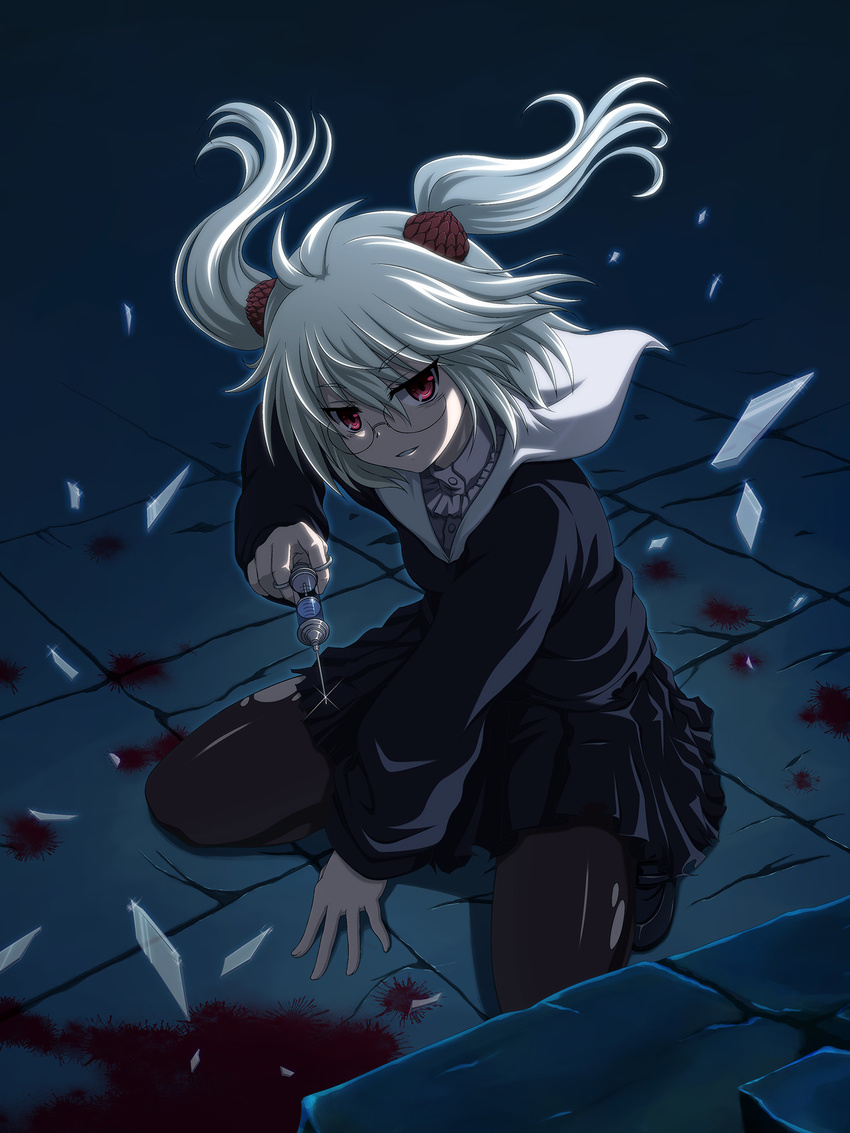 bad_id bad_pixiv_id bags_under_eyes black_legwear blood broken_glass byouinzaka_yamane dansai_bunri_no_crime_edge glass glasses highres holding holding_syringe loafers pantyhose red_eyes shira-nyoro shoes solo syringe torn_clothes white_hair