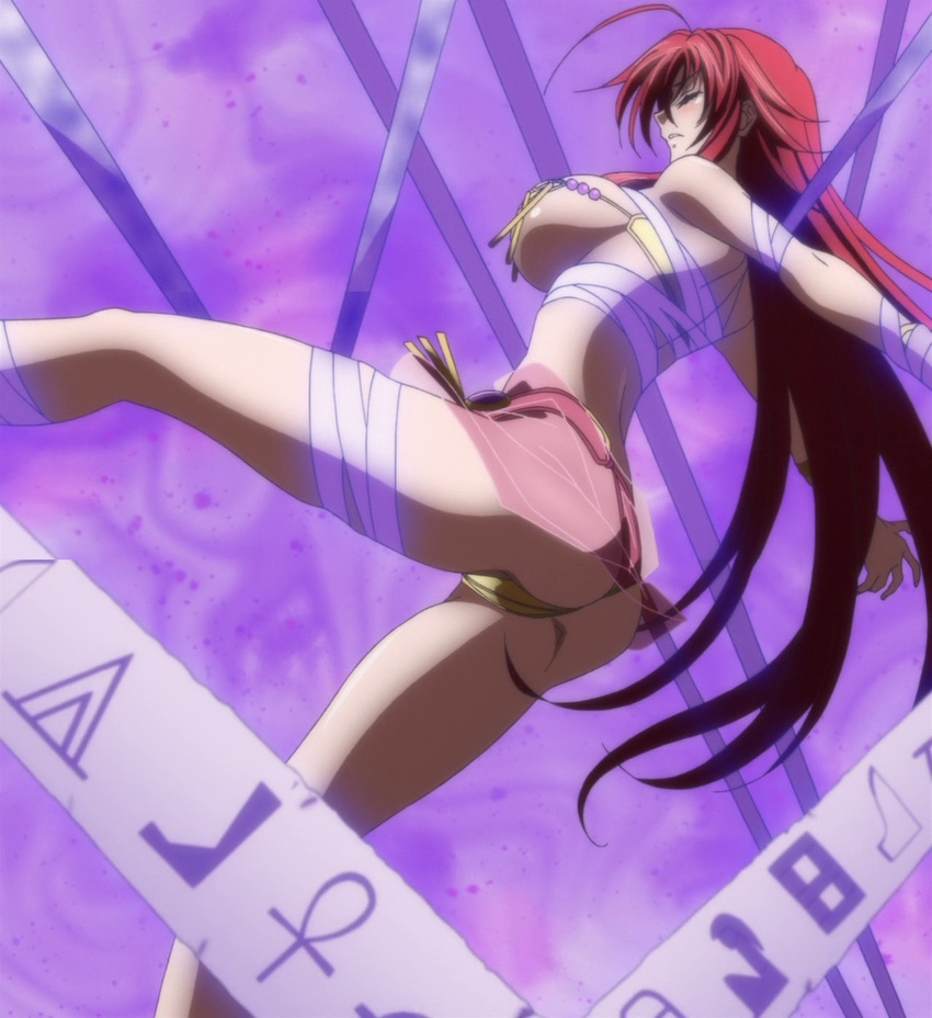 ass bandage blush bra breasts eyes_closed harem_outfit high_school_dxd highres large_breasts long_hair panties red_hair rias_gremory solo thong underwear