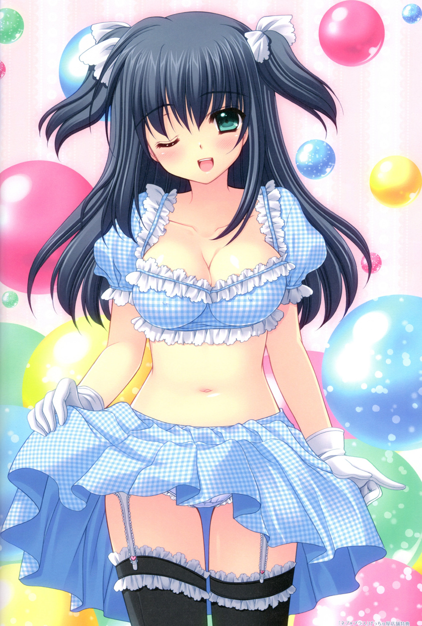 ;d absurdres aqua_eyes bangs black_hair black_legwear blue_panties blush breasts cleavage collarbone covered_nipples cowboy_shot crop_top eyebrows_visible_through_hair frilled_panties frills garter_straps garters gloves hair_between_eyes hair_ribbon happy heart highres lace large_breasts lifted_by_self looking_at_viewer midriff navel nishimata_aoi official_art one_eye_closed open_mouth panties pantyshot pantyshot_(standing) plaid plaid_skirt pleated_skirt pointing puffy_short_sleeves puffy_sleeves really?_really! ribbon scan short_sleeves shuffle! shuffle!_essence+ skirt skirt_lift smile standing thigh_gap thighhighs two_side_up underwear white_gloves yae_sakura