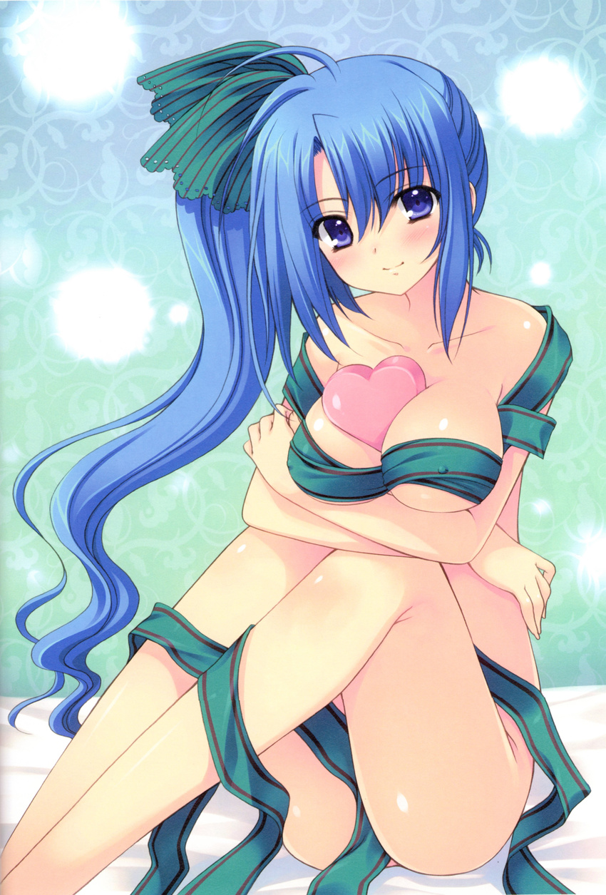 absurdres between_breasts blue_eyes blue_hair breasts cleavage heart highres knees_up large_breasts legs munemoto_tsubakiko naked_ribbon nishimata_aoi ribbon sekai_seifuku_kanojo side_ponytail sitting