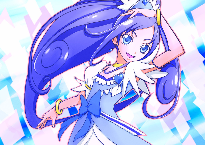 amawa_kazuhiro asymmetrical_clothes blue_bow blue_eyes blue_hair blue_skirt bow bracelet choker crystal_earrings cure_diamond curly_hair dokidoki!_precure earrings heart highres hishikawa_rikka jewelry long_hair looking_at_viewer magical_girl open_mouth ponytail precure ribbon skirt smile solo