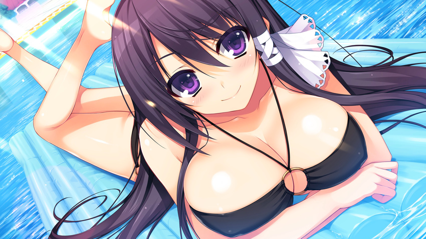 bare_legs barefoot bikini black_bikini breasts cleavage collarbone covered_nipples dutch_angle feet foreshortening game_cg halterneck highres inflatable_raft large_breasts long_hair lying mizuno_rin o-ring o-ring_bikini o-ring_bottom o-ring_top on_stomach pool purple_eyes purple_hair reminiscence smile soles solo sunlight swimsuit tomose_shunsaku water