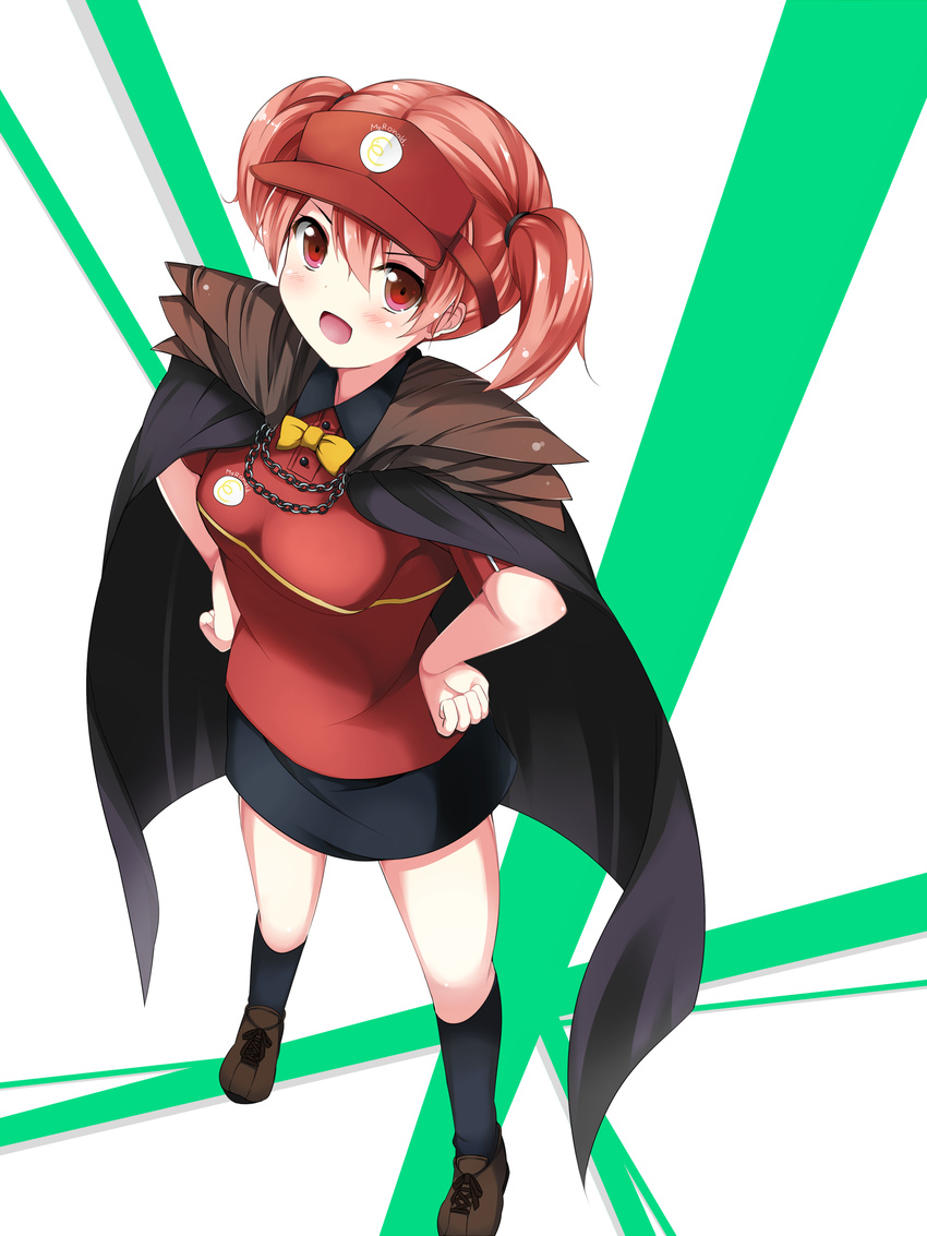 :d bad_id bad_pixiv_id brown_eyes brown_hair cape clothes_writing employee_uniform fast_food_uniform hataraku_maou-sama! highres iroba open_mouth sasaki_chiho shoes short_hair short_twintails shoulder_pads smile sneakers solo twintails uniform visor_cap