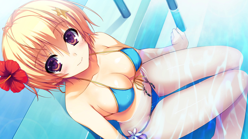 arm_support bare_shoulders bikini blonde_hair blue_bikini blush breasts cleavage collarbone flower from_above front-tie_top game_cg hair_flower hair_ornament hibiscus highres looking_at_viewer medium_breasts nozomi_(reminiscence) partially_submerged purple_eyes reminiscence shiny shiny_skin short_hair side-tie_bikini sitting skindentation smile solo strap_gap string_bikini swimsuit tomose_shunsaku