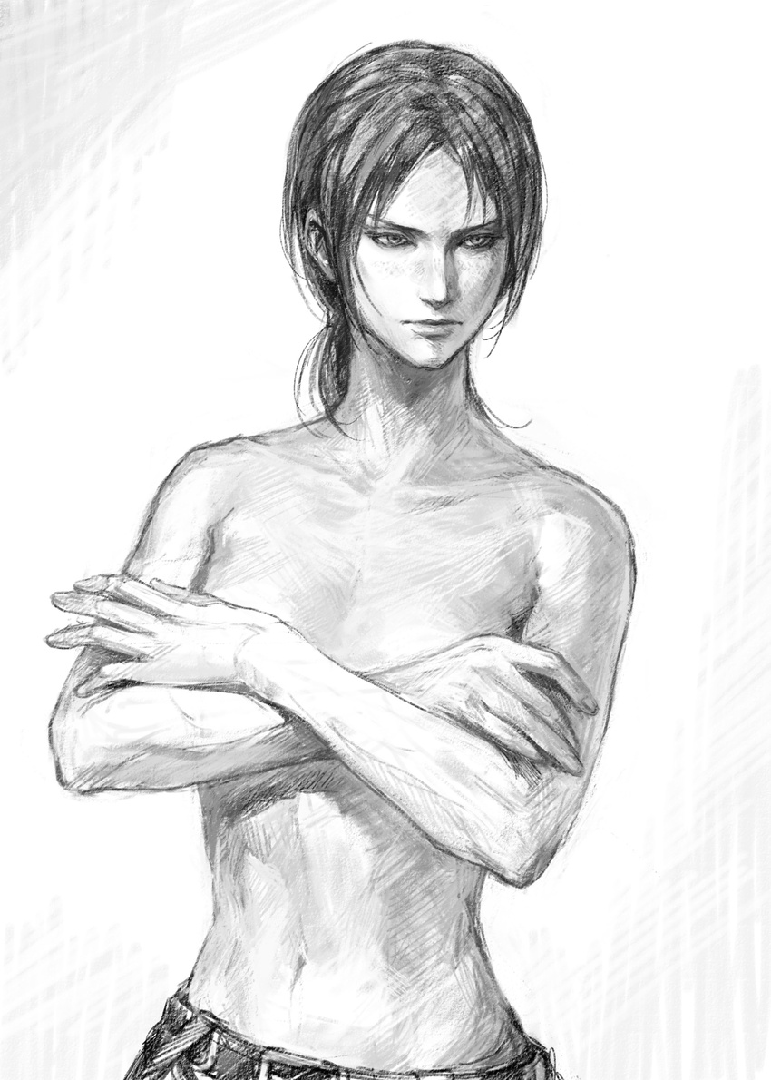 absurdres bangs crossed_arms faux_traditional_media freckles greyscale highres looking_away lotus_(elico) monochrome parted_bangs ponytail realistic shingeki_no_kyojin short_hair solo topless ymir_(shingeki_no_kyojin)