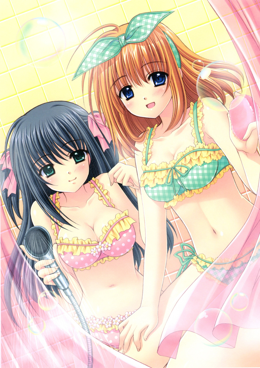 :d absurdres ahoge aqua_eyes bangs bar_soap bathing bathroom bikini black_hair blue_eyes blush breasts bubble cleavage closed_mouth collarbone cowboy_shot curtains dutch_angle fingernails floral_print frilled_bikini frills fuyou_kaede green_bikini hair_ribbon hairband hand_on_own_thigh happy highres hips holding indoors large_breasts light_smile long_fingernails long_hair medium_breasts multiple_girls navel nishimata_aoi official_art open_mouth orange_hair pink_bikini plaid plaid_bikini polka_dot polka_dot_bikini really?_really! ribbon scan shared_bathing short_hair shower_curtain shower_head shuffle! shuffle!_essence+ side-tie_bikini smile swimsuit tile_wall tiles transparent two_side_up water yae_sakura