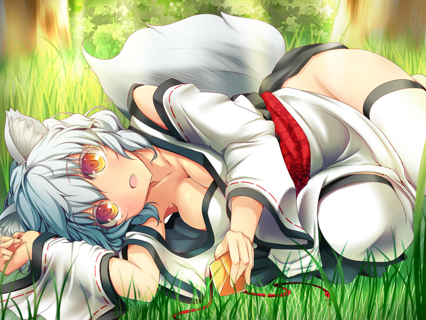:o animal_ears bare_shoulders blush breasts cleavage detached_sleeves fang fukunaga_kazuhiro grass hat hat_removed headwear_removed highres inubashiri_momiji large_breasts looking_at_viewer lying no_panties on_side open_mouth red_eyes short_hair silver_hair solo tail thighhighs tokin_hat touhou white_hair white_legwear wide_sleeves wolf_ears wolf_tail