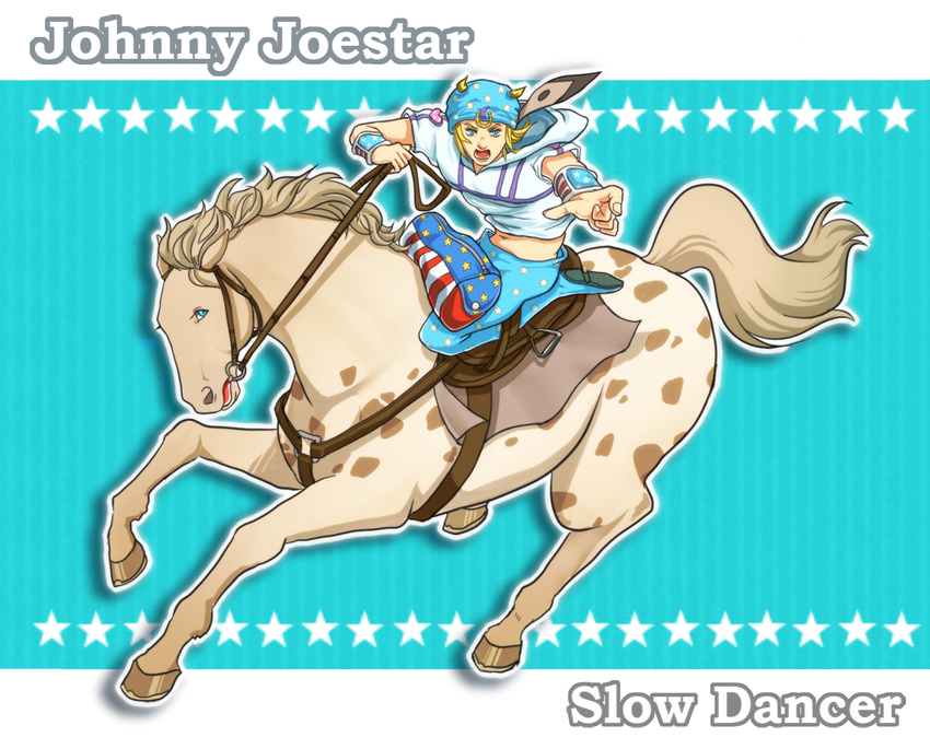 blonde_hair blue_eyes hat hirota_(aliosn) horse johnny_joestar jojo_no_kimyou_na_bouken male_focus reins solo steel_ball_run