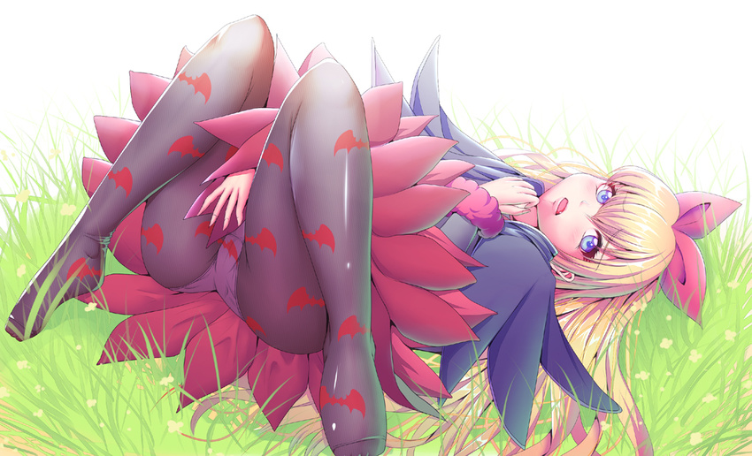 animal_print bat_print black_legwear blonde_hair blue_eyes bow choker cropped_jacket dokidoki!_precure dress grass hair_bow hair_ornament hair_ribbon harihisa long_hair looking_at_viewer open_mouth panties panties_under_pantyhose pantyhose precure print_legwear regina_(dokidoki!_precure) ribbon solo underwear