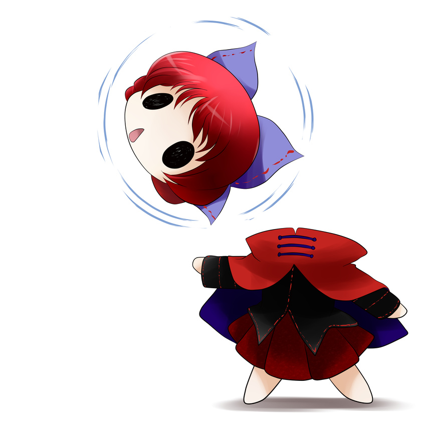 bow cape chibi disembodied_head hair_bow highres open_mouth pleated_skirt red_hair sekibanki skirt solid_circle_eyes solo touhou yume_shokunin