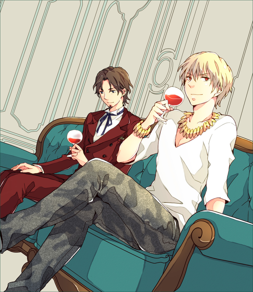 alcohol askr_(mymy) blue_eyes bracelet brown_hair cup drinking_glass facial_hair fate/zero fate_(series) formal gilgamesh goatee highres jewelry male_focus multiple_boys necklace snakeskin_print suit toosaka_tokiomi wine wine_glass