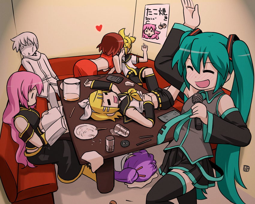 4girls :&lt; =_= aqua_hair book cameo controller drunk hatsune_miku heart kagamine_len kagamine_rin kaito kamui_gakupo karaoke kiss megurine_luka meiko microphone multiple_boys multiple_girls music nagian o_o pale_skin remote_control singing takoluka thighhighs vocaloid |_|